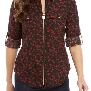 NWT MICHAEL Michael Kors Zip Front Top Black Red M